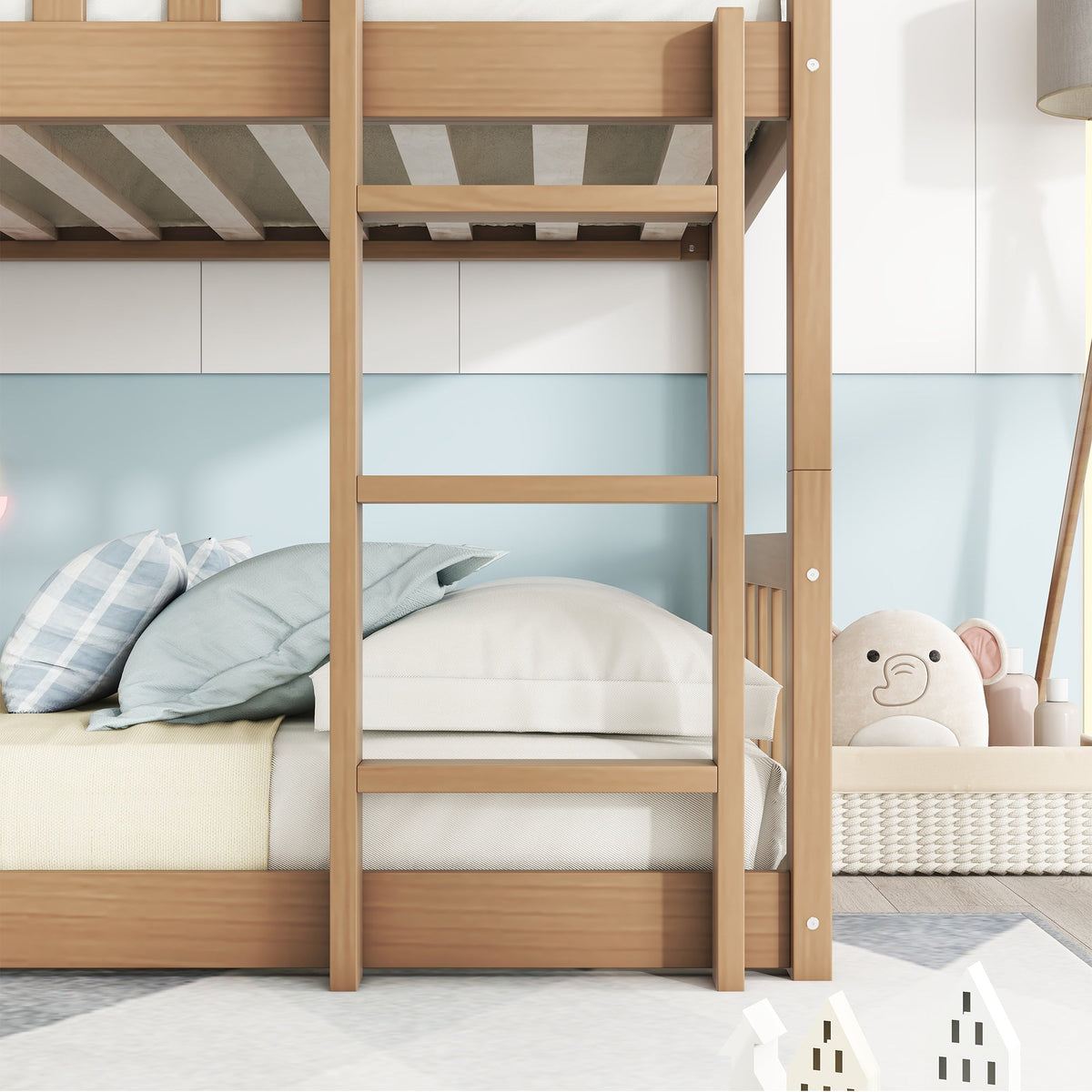 Twin Size Triple Rubber Wood Bunk Bed, with Ladders, Guardrails, Twin over Twin, Natural