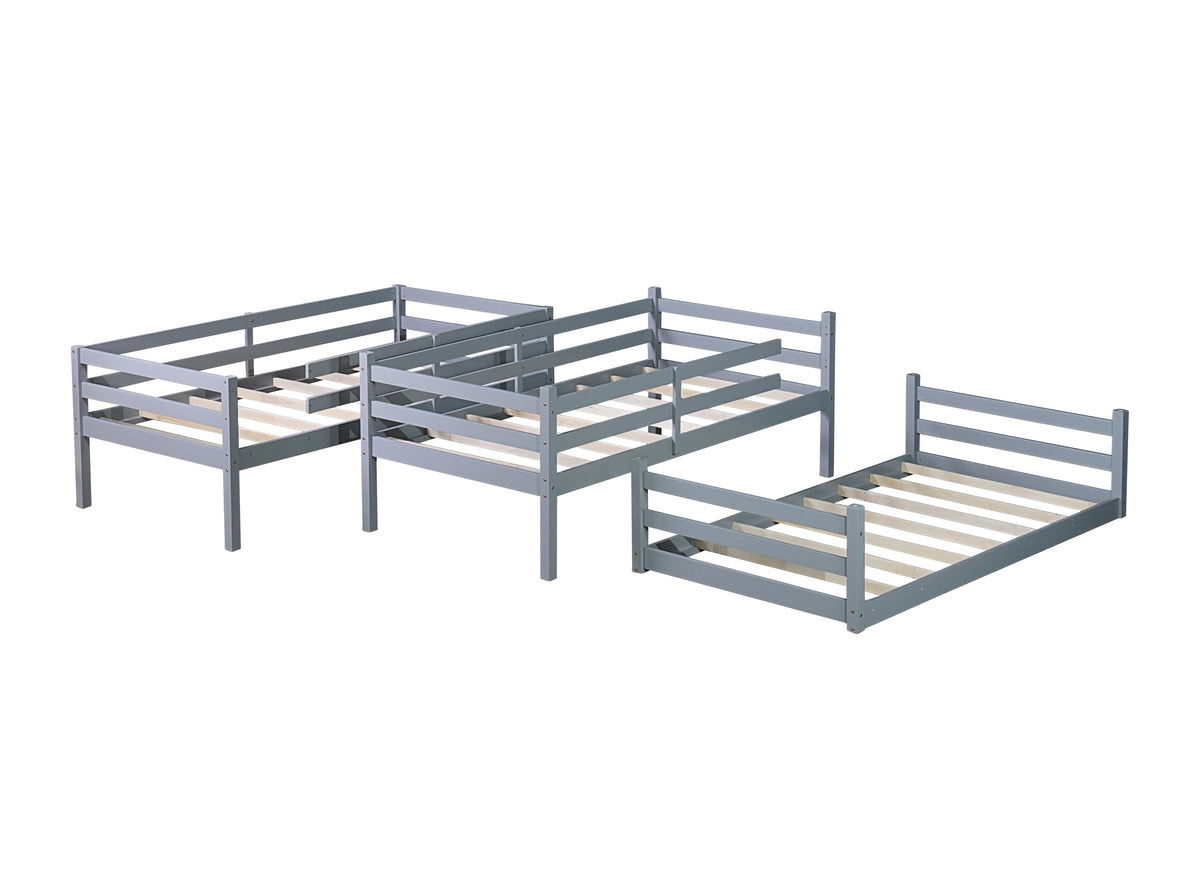 Triple Rubber Wood Bunk Bed with Two Built-in Ladders, Guardrails, Detachable Triple Twin Bunk Bed, Grey