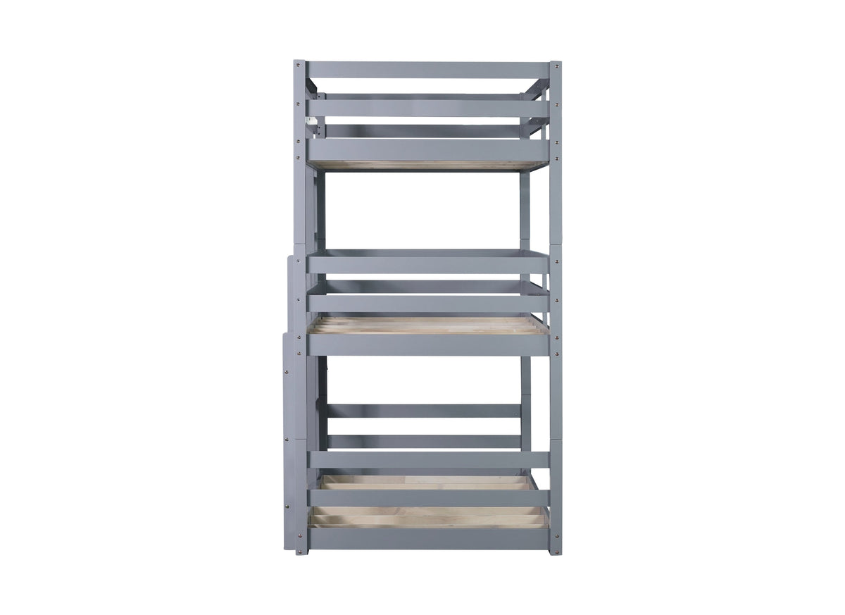 Triple Rubber Wood Bunk Bed with Two Built-in Ladders, Guardrails, Detachable Triple Twin Bunk Bed, Grey