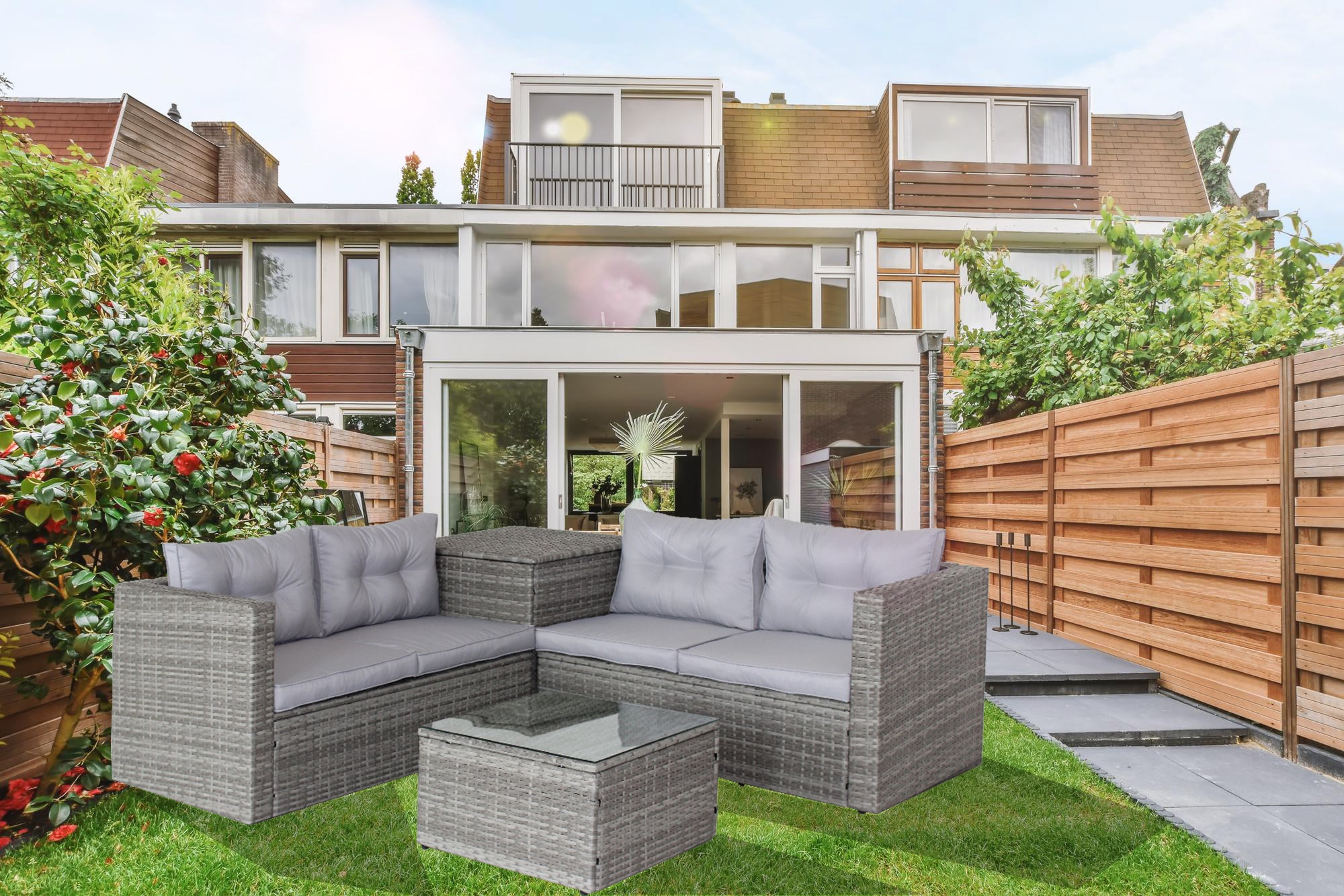 4 Piece Patio Sectional Sofa Set with Storage Box - Grey