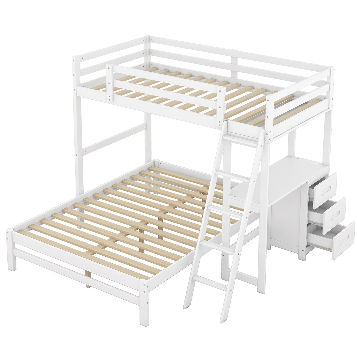 Twin-Over-Full Bunk Bed with Built-in Desk and Three Drawers, White