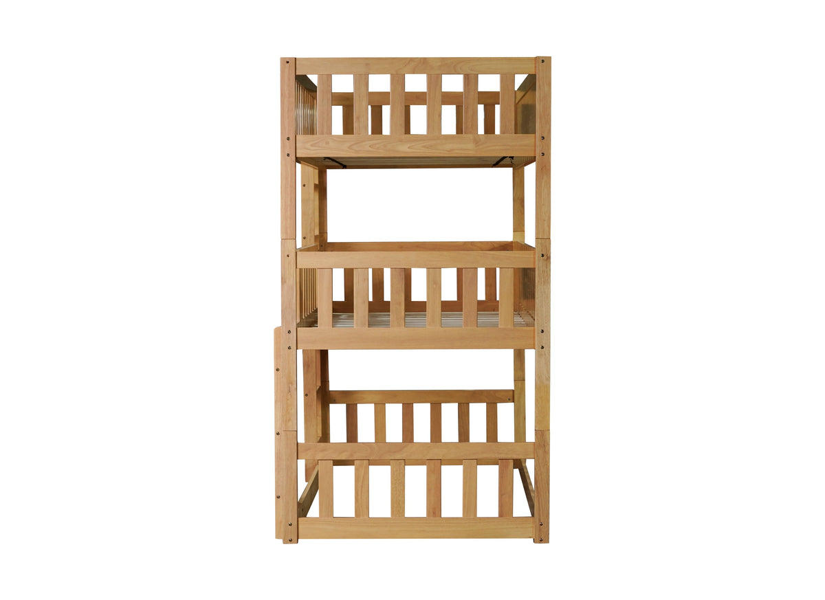 Twin Size Triple Rubber Wood Bunk Bed, with Ladders, Guardrails, Twin over Twin, Natural