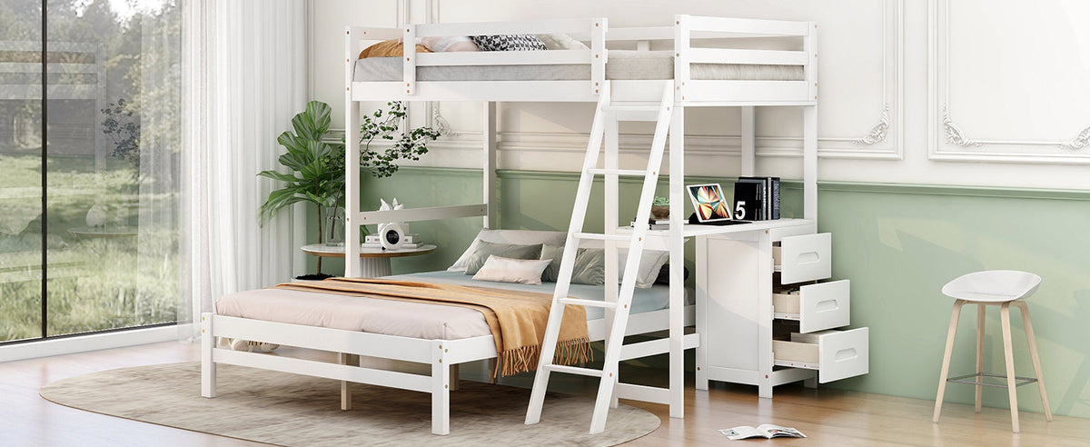 Twin-Over-Full Bunk Bed with Built-in Desk and Three Drawers, White