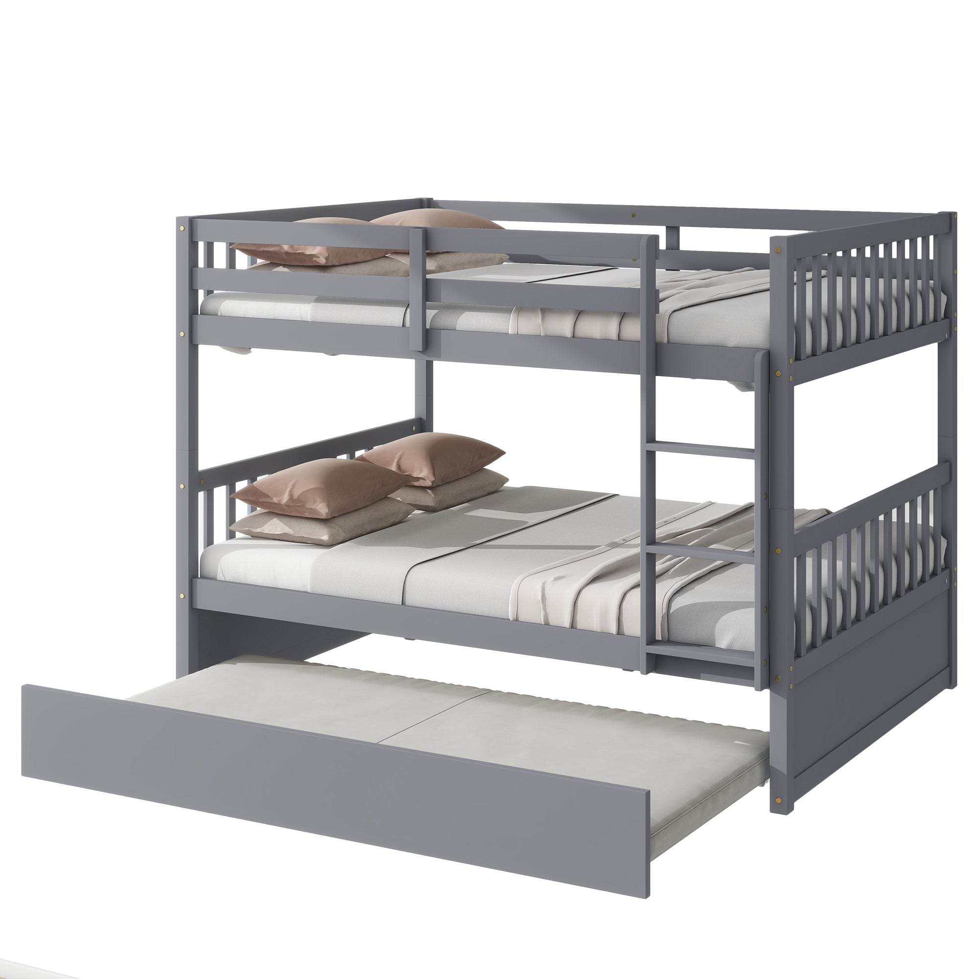 Rubber Wood Bunk Bed with Trundle, Ladder and Guardrails, Convertible to 2 Full Size Beds, Grey