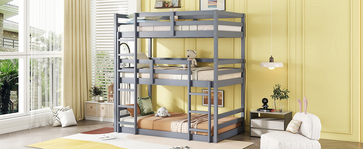 Triple Rubber Wood Bunk Bed with Two Built-in Ladders, Guardrails, Detachable Triple Twin Bunk Bed, Grey