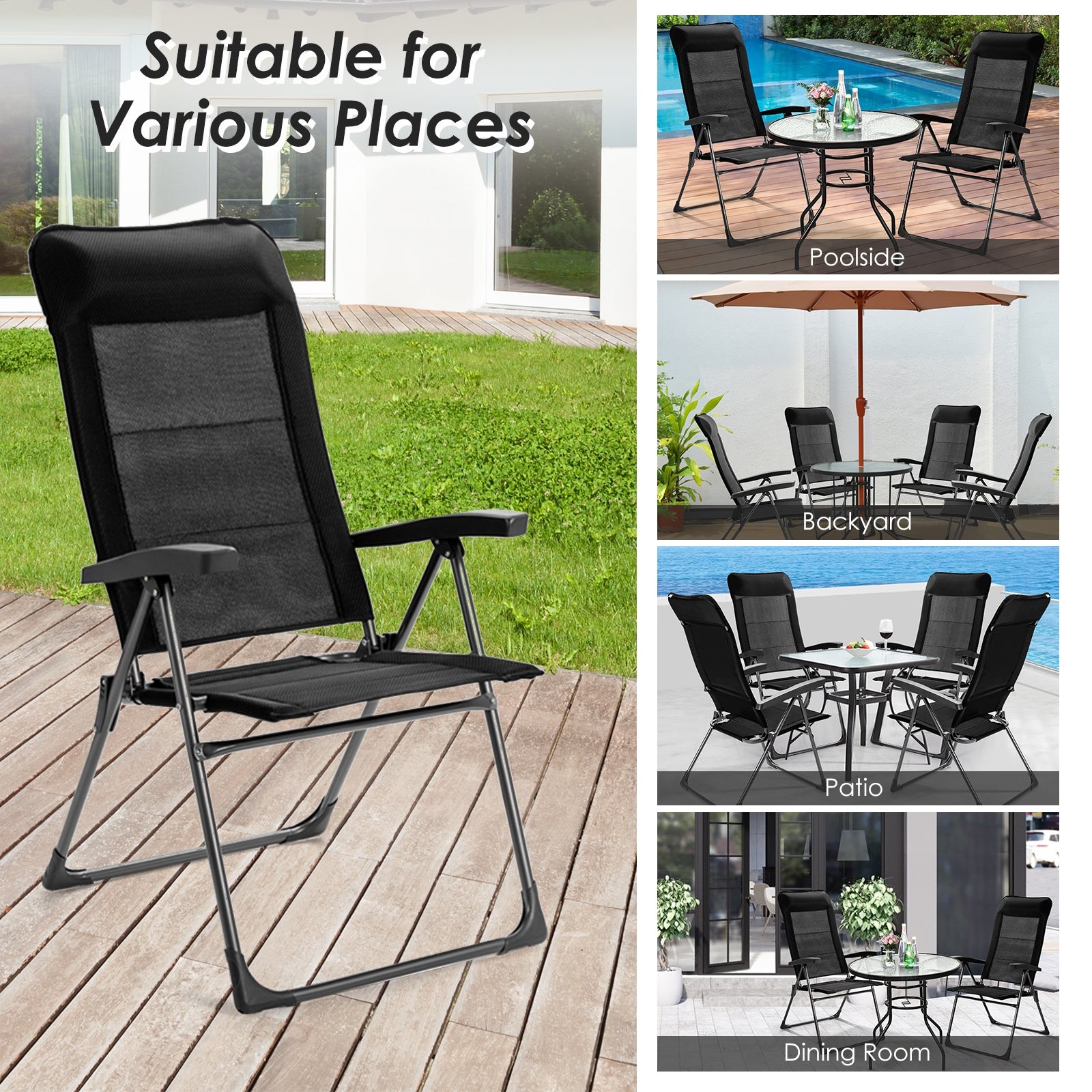 2 Pcs Portable Patio Folding Dining Chairs with -Black