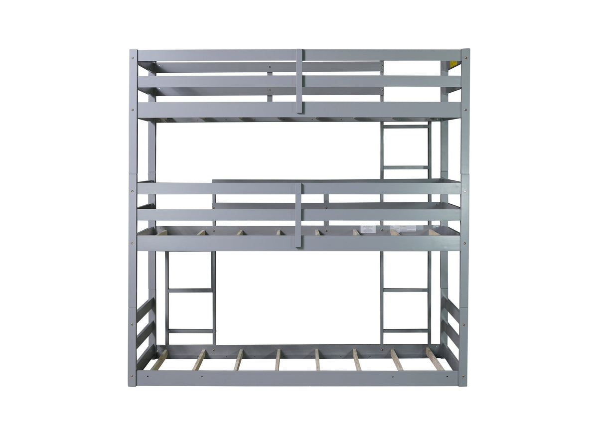 Triple Rubber Wood Bunk Bed with Two Built-in Ladders, Guardrails, Detachable Triple Twin Bunk Bed, Grey