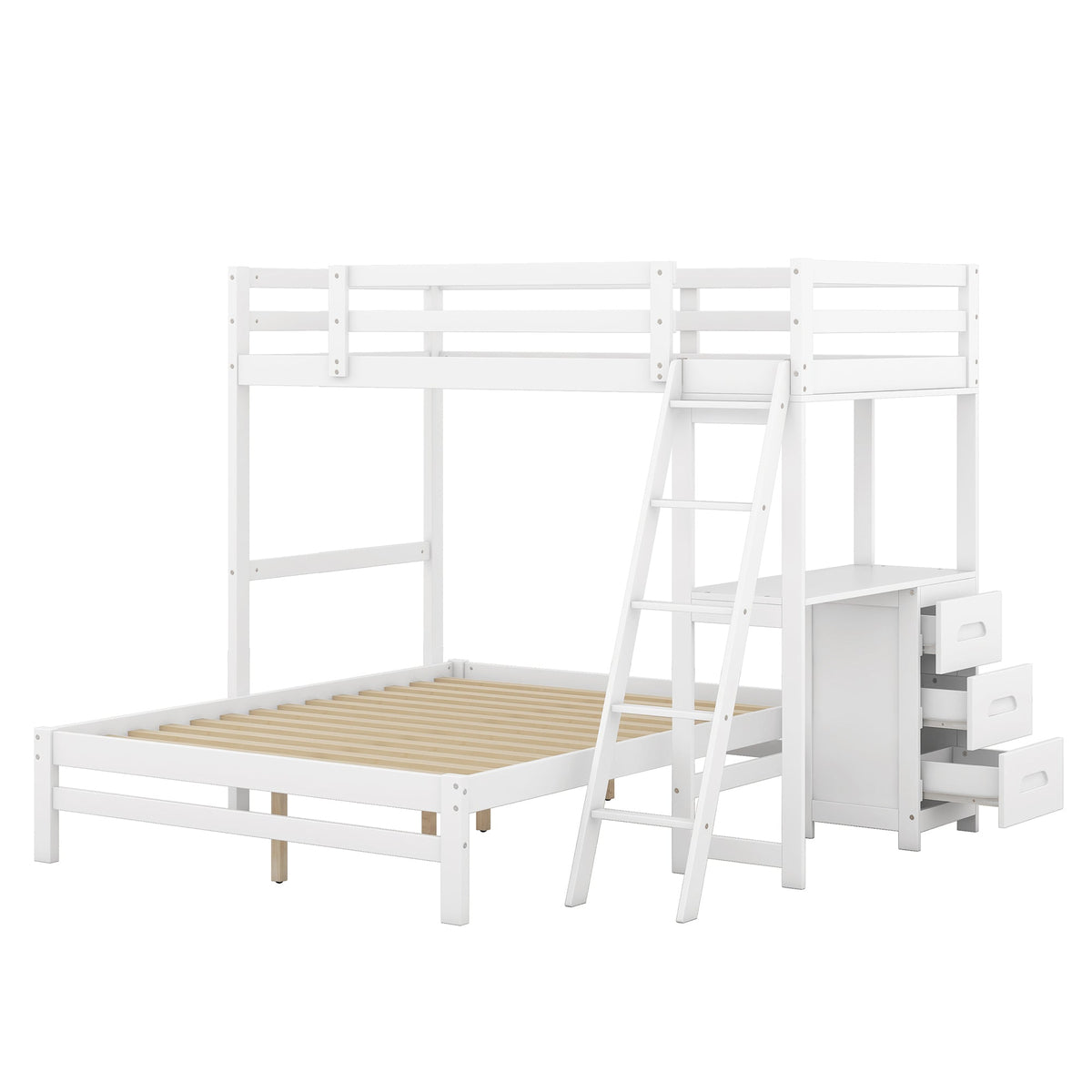 Twin-Over-Full Bunk Bed with Built-in Desk and Three Drawers, White