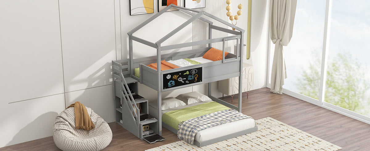 Twin-Over-Full House Bunk Bed with Storage Staircase and Blackboard, Gray