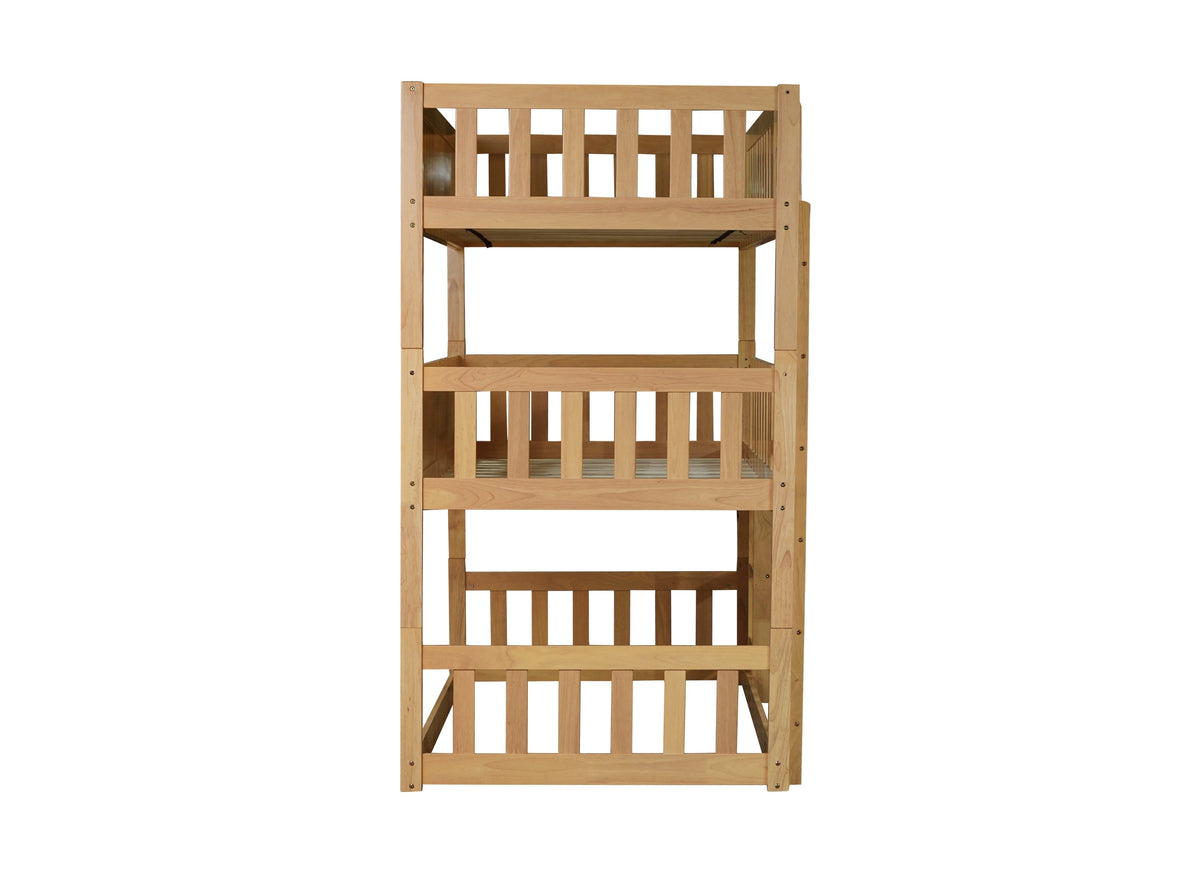 Twin Size Triple Rubber Wood Bunk Bed, with Ladders, Guardrails, Twin over Twin, Natural