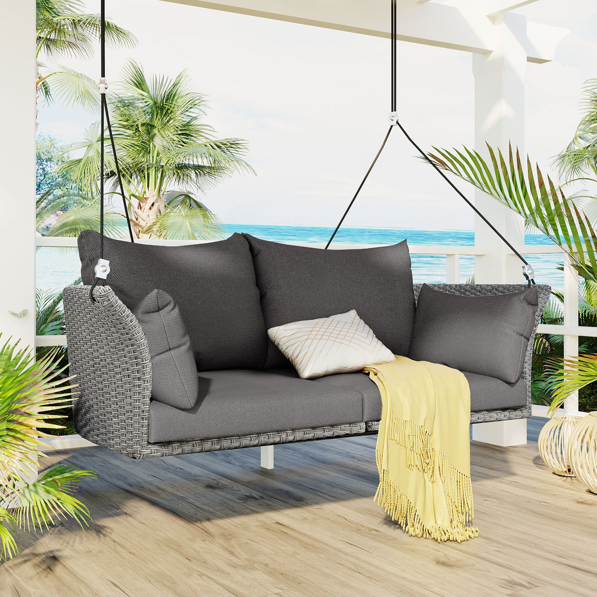 2-Person Rattan Woven Swing Chair, Gray Wicker And Cushion