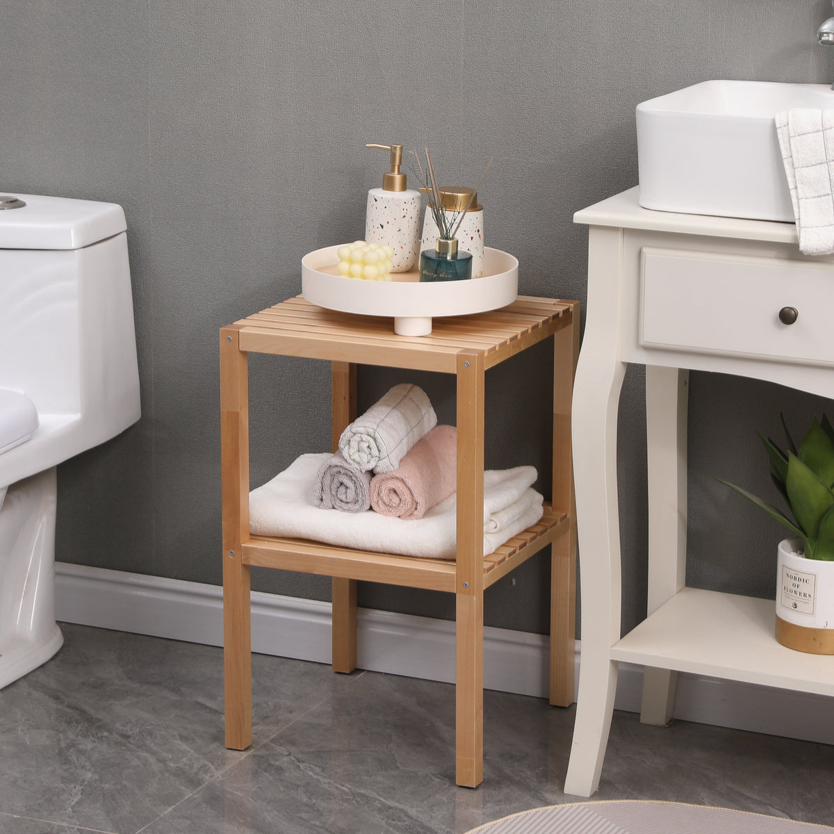 2-Tier Birch Bathroom Shelf, Multifunctional Storage Rack