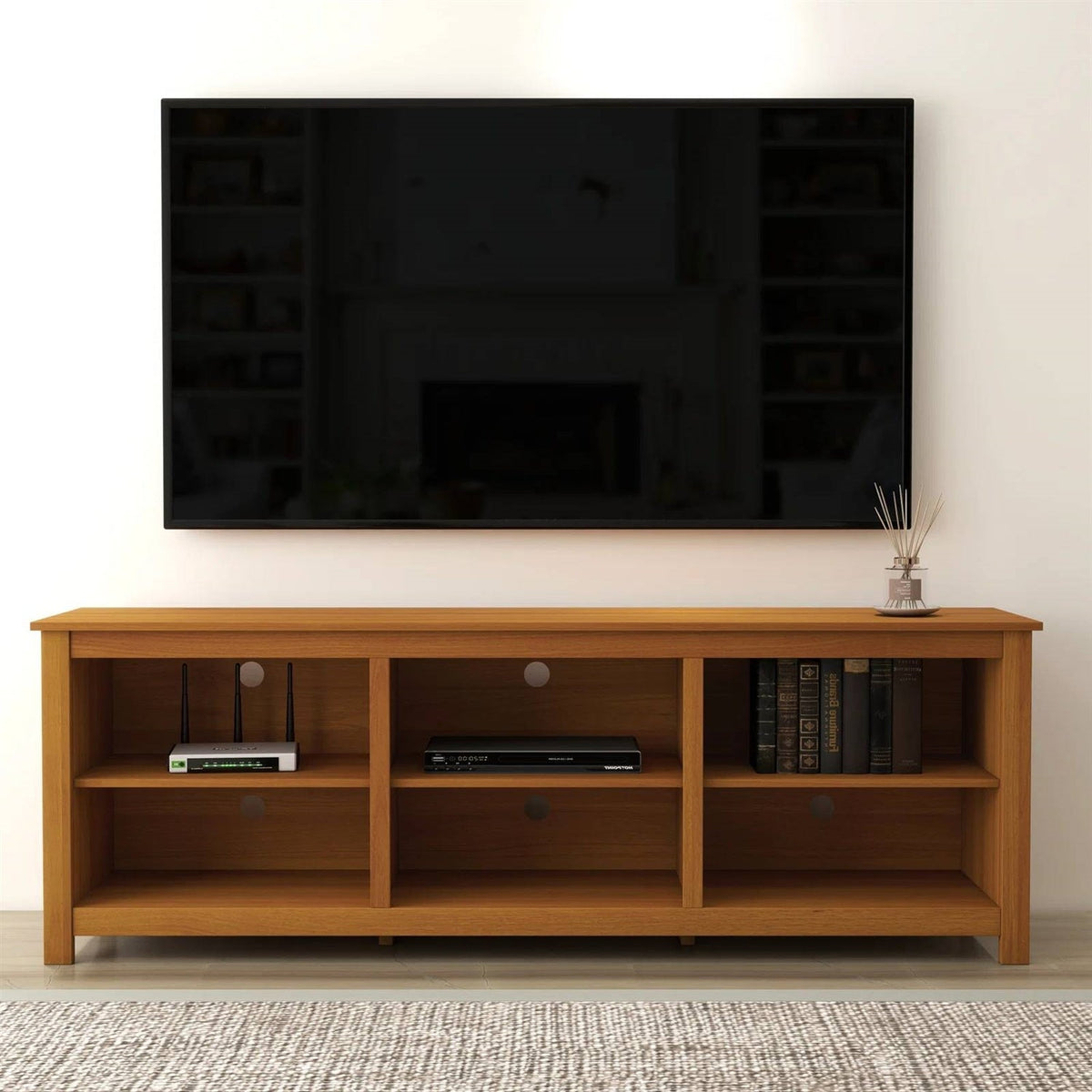 Farmhouse TV Stand in Amber Brown Wood Finish