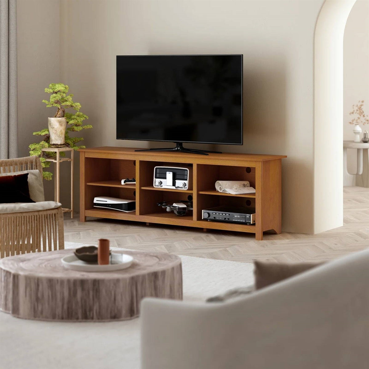 Farmhouse TV Stand in Amber Brown Wood Finish