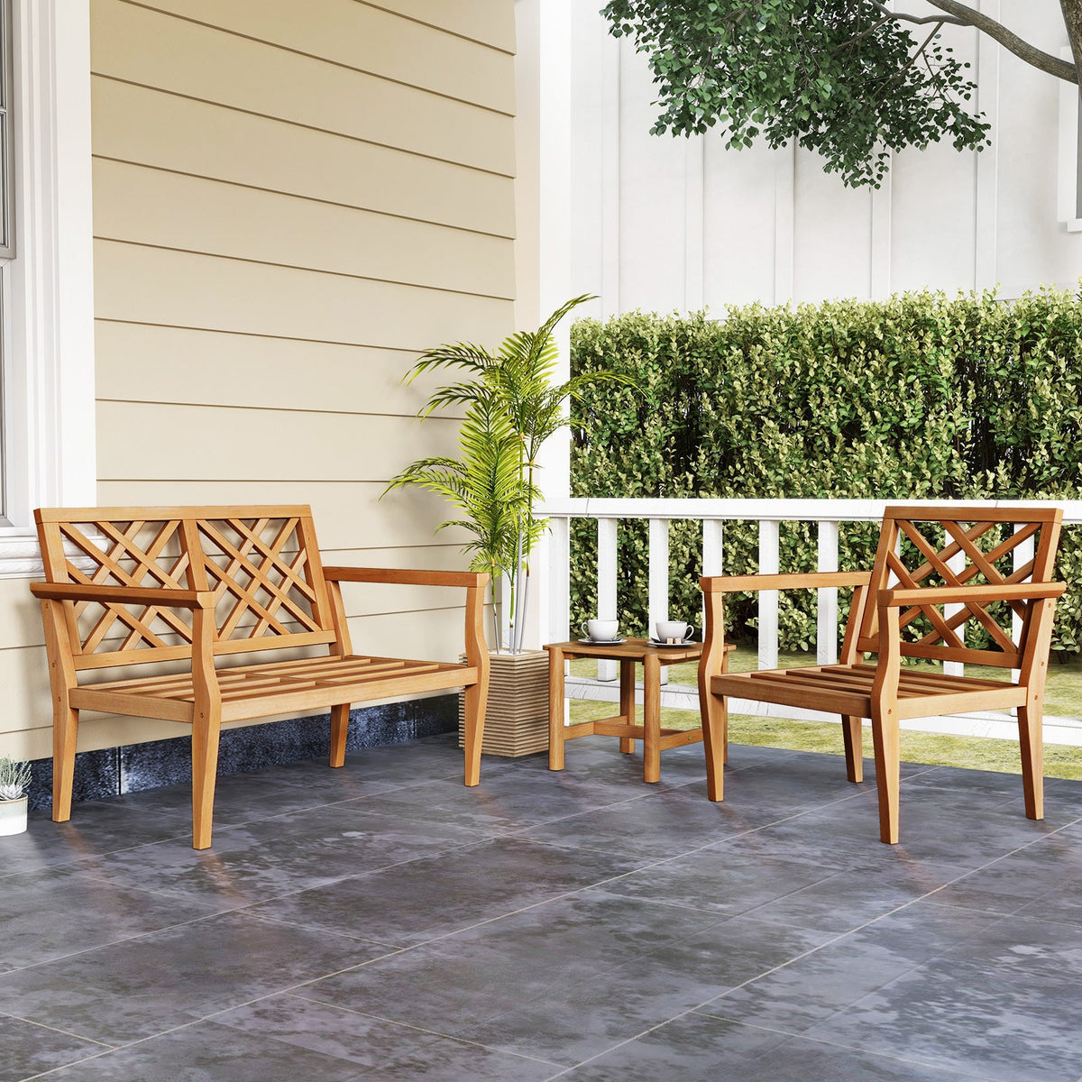 Teak Wood Slatted Patio Chair with Cozy Backrest