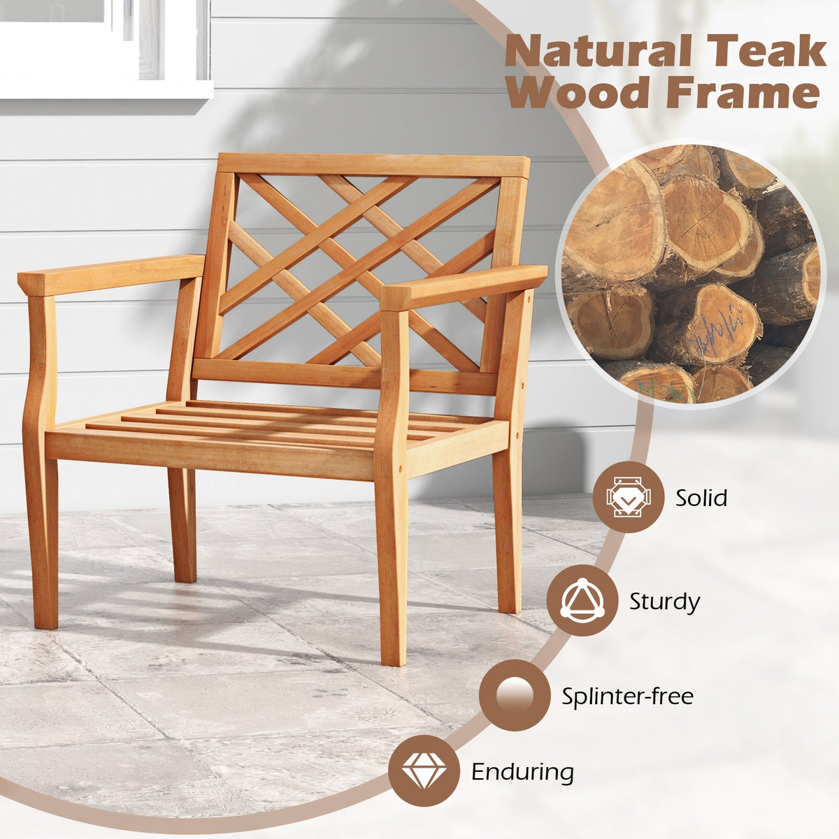 Teak Wood Slatted Patio Chair with Cozy Backrest