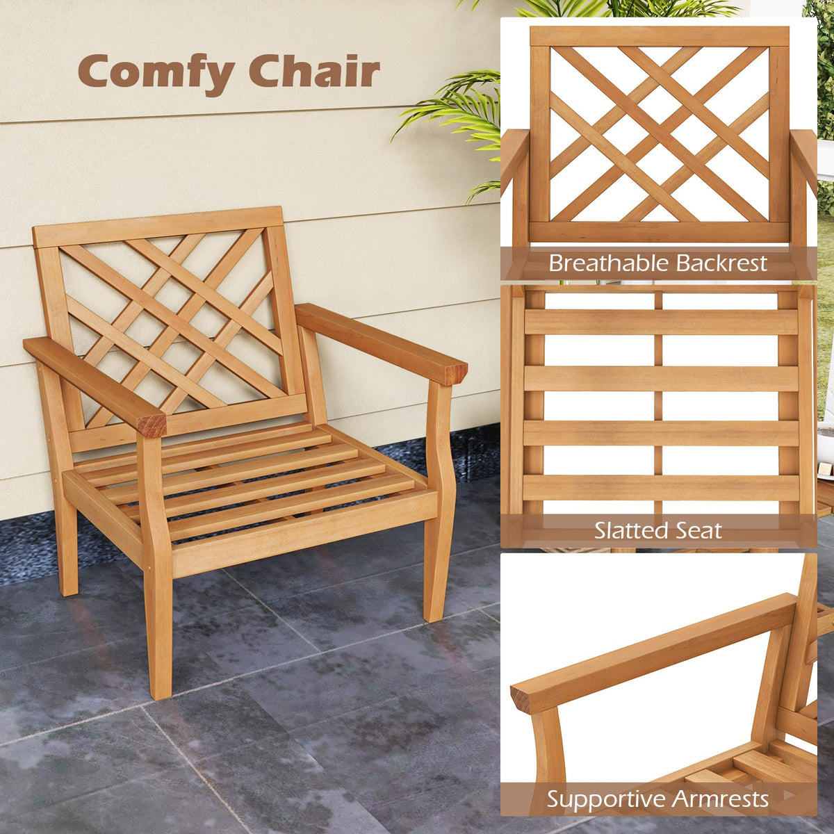 Teak Wood Slatted Patio Chair with Cozy Backrest