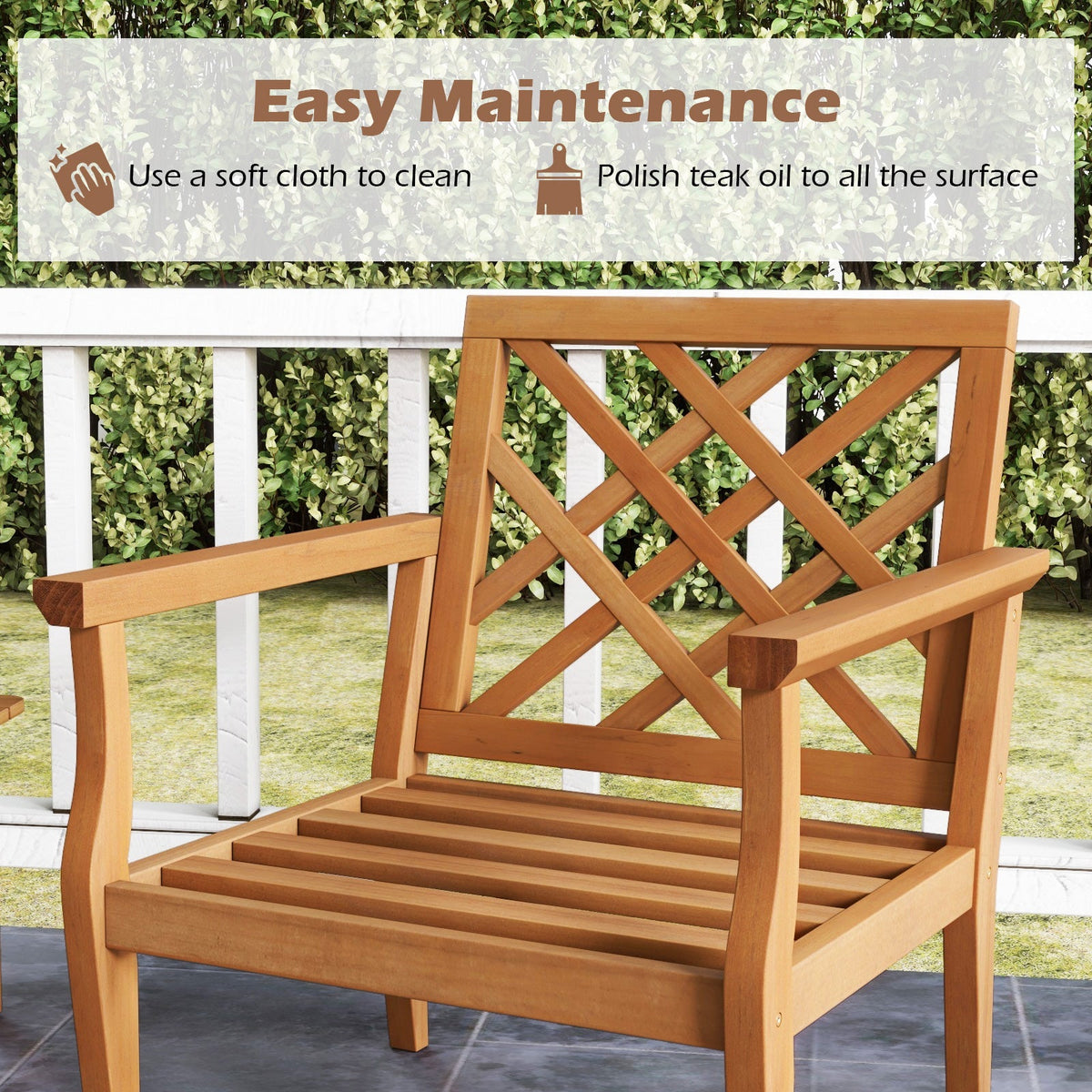 Teak Wood Slatted Patio Chair with Cozy Backrest