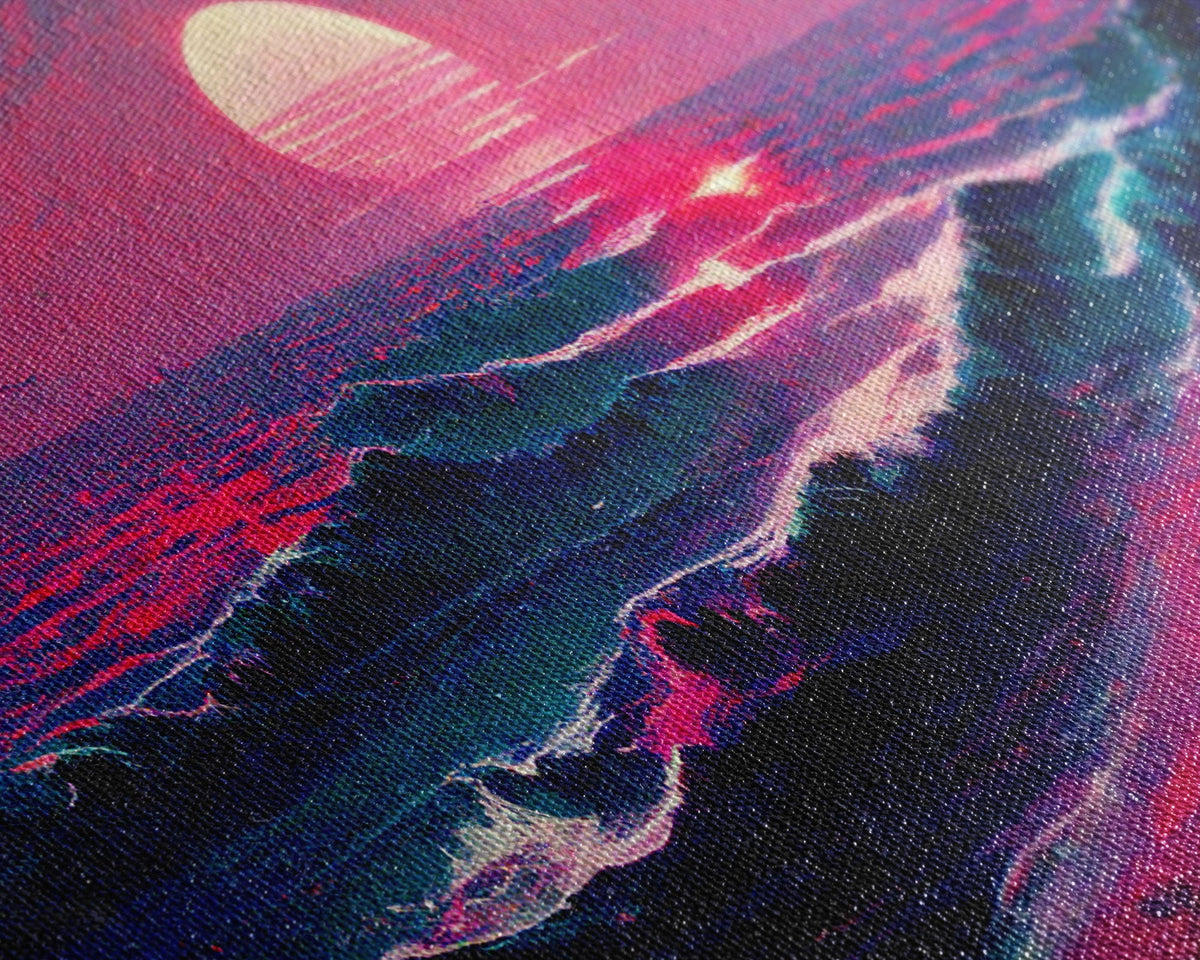 Outrun Style Synthwave Sunset Ocean Waves, 3 Piece Canvas Print