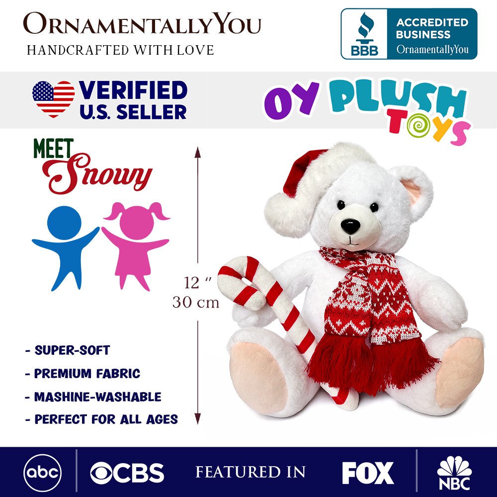 Snowy the Polar Bear Plushie - 12" Christmas Stuffed Toy with Santa Hat & Candy Cane