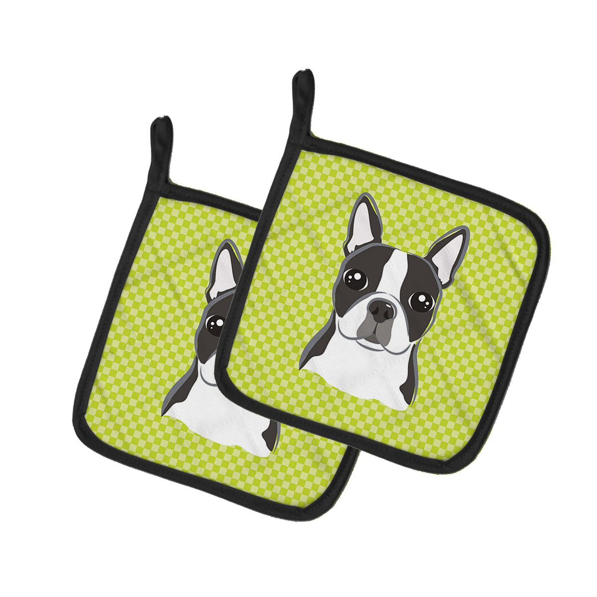 Lime Checkered Boston Terrier Pot Holders - Set of 2