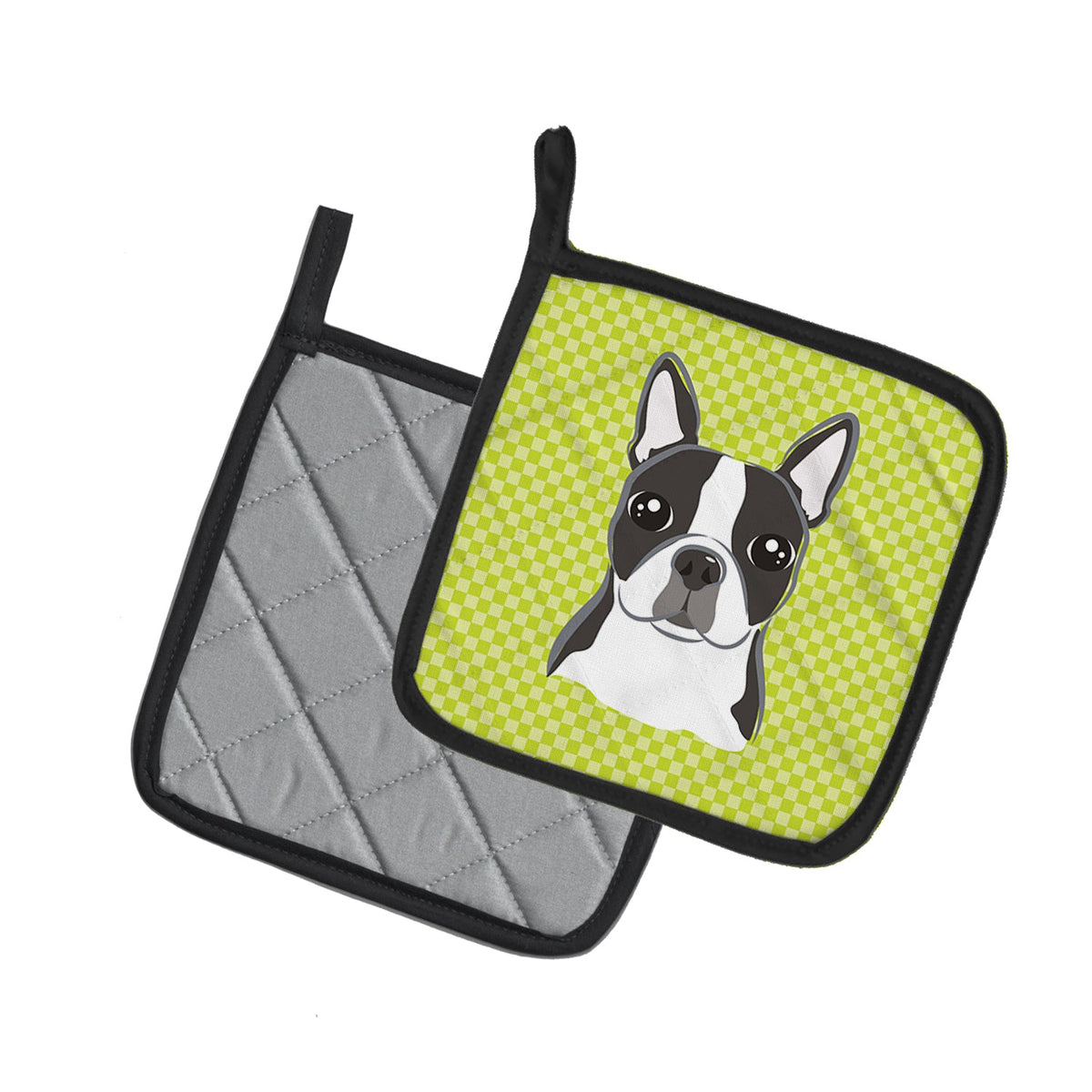 Lime Checkered Boston Terrier Pot Holders - Set of 2