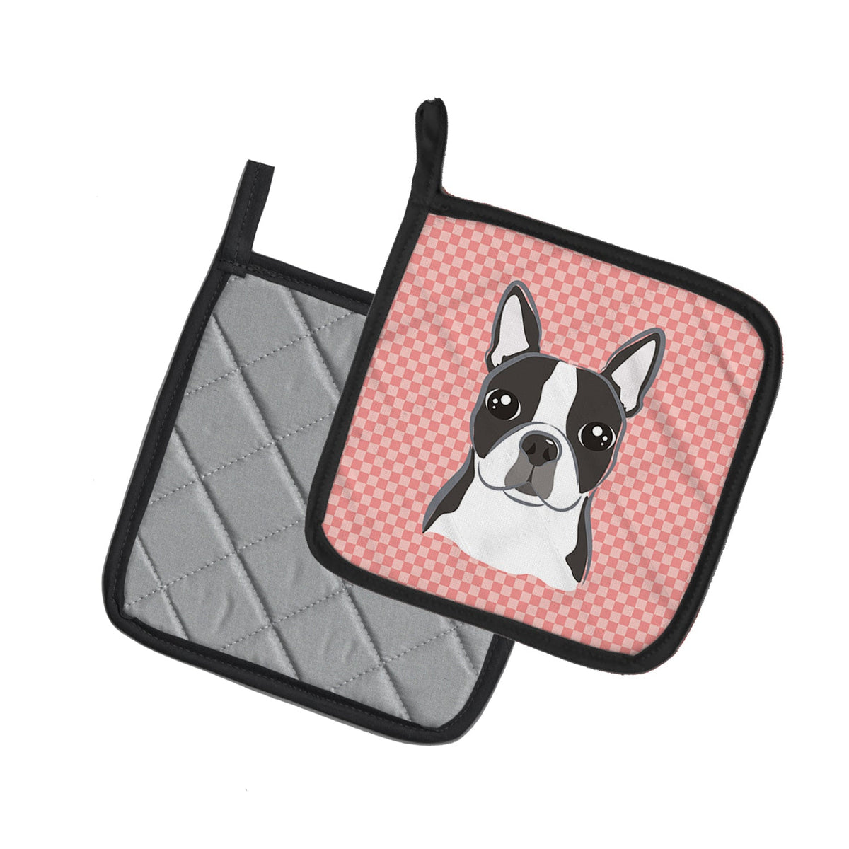 Checkerboard Pink Boston Terrier Pot Holders - Set of 2