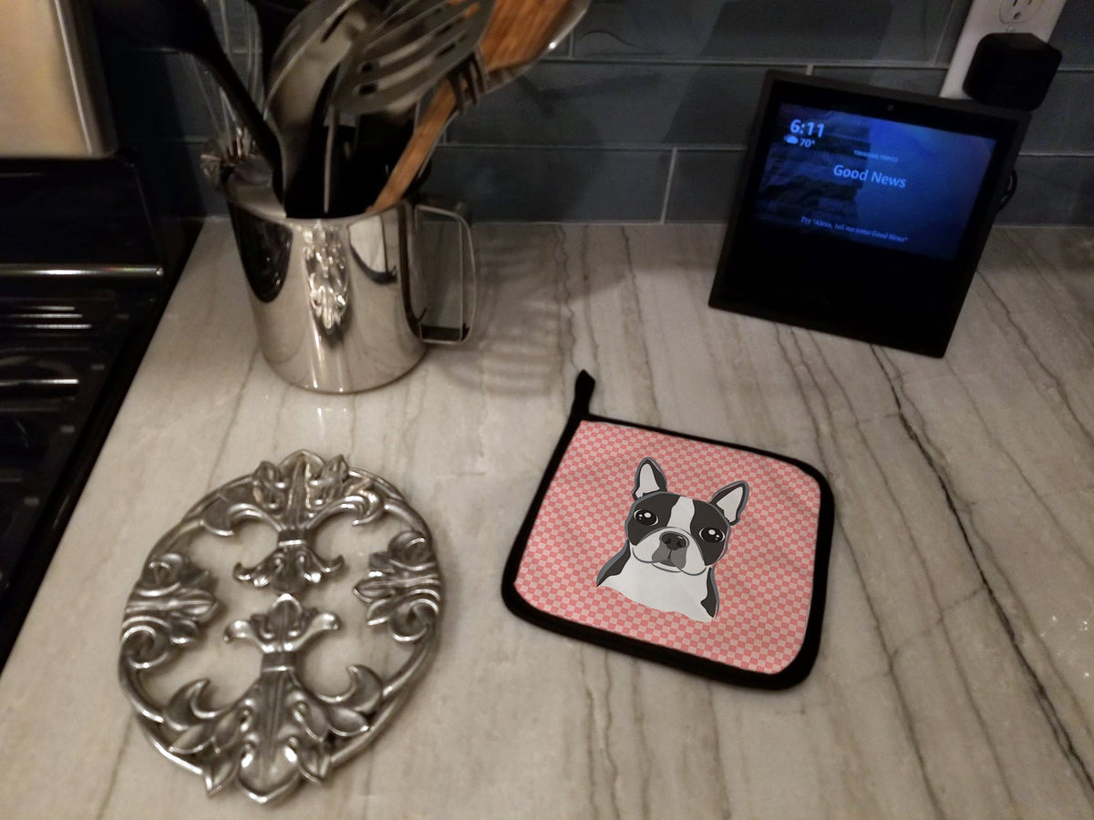 Checkerboard Pink Boston Terrier Pot Holders - Set of 2