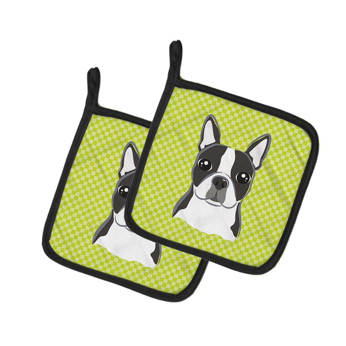 Checkerboard Lime Green Boston Terrier Pot Holders - Set of 2