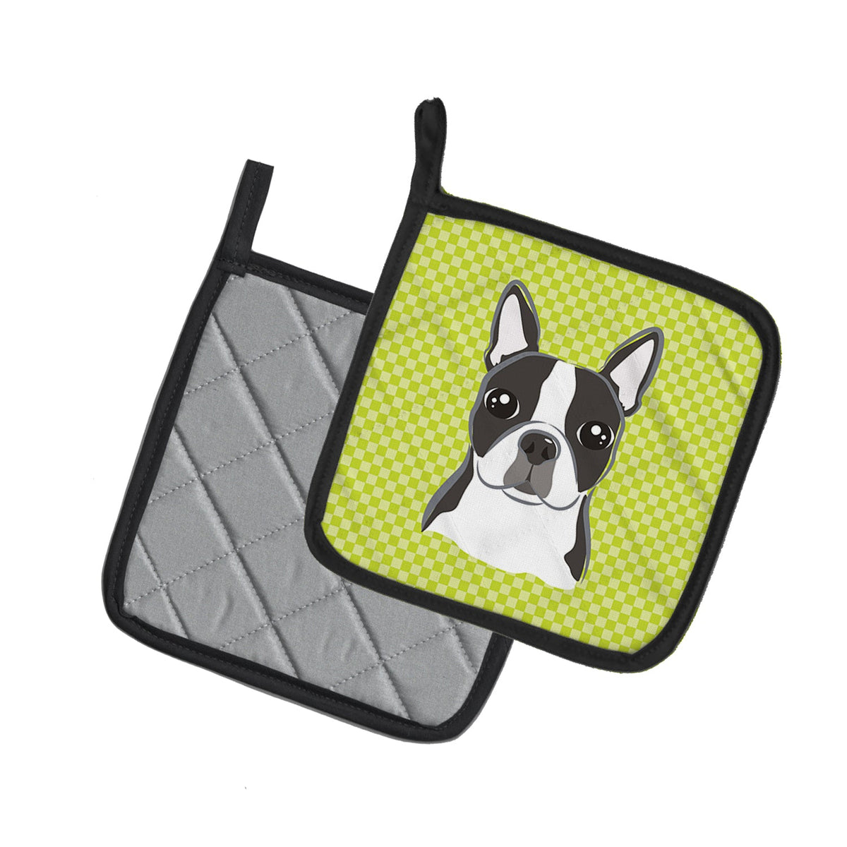 Checkerboard Lime Green Boston Terrier Pot Holders - Set of 2