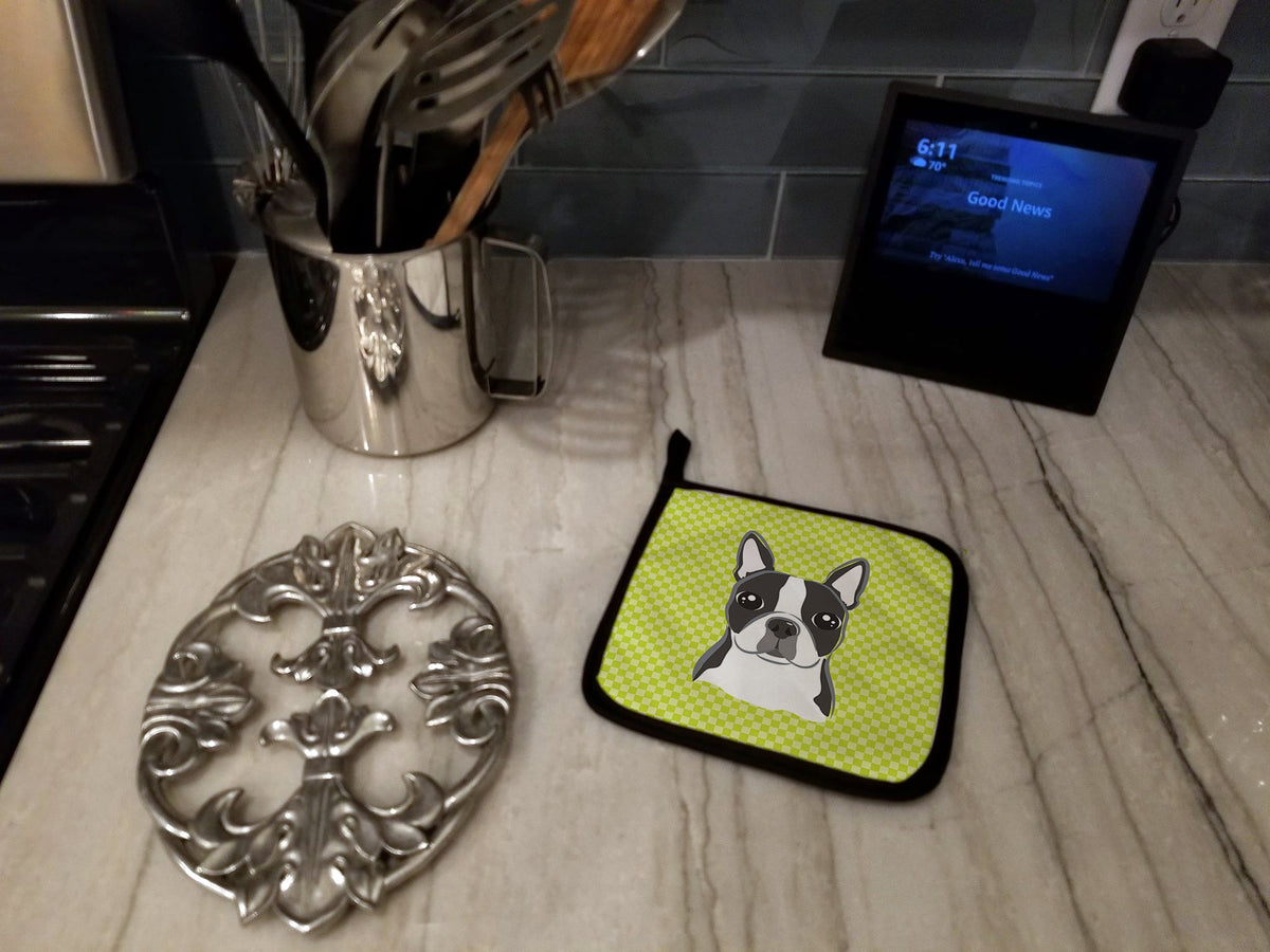 Checkerboard Lime Green Boston Terrier Pot Holders - Set of 2