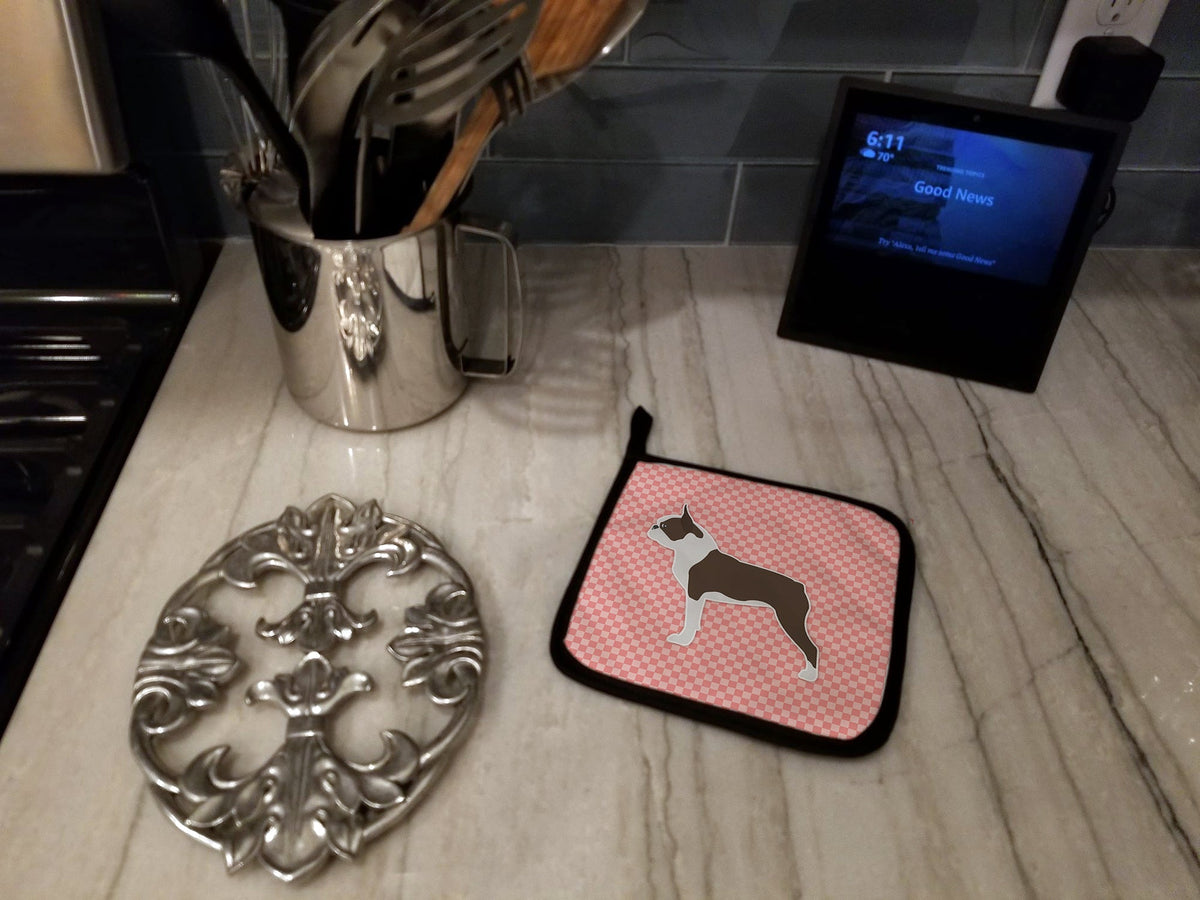Boston Terrier Checkerboard Pink Pot Holders - Set of 2
