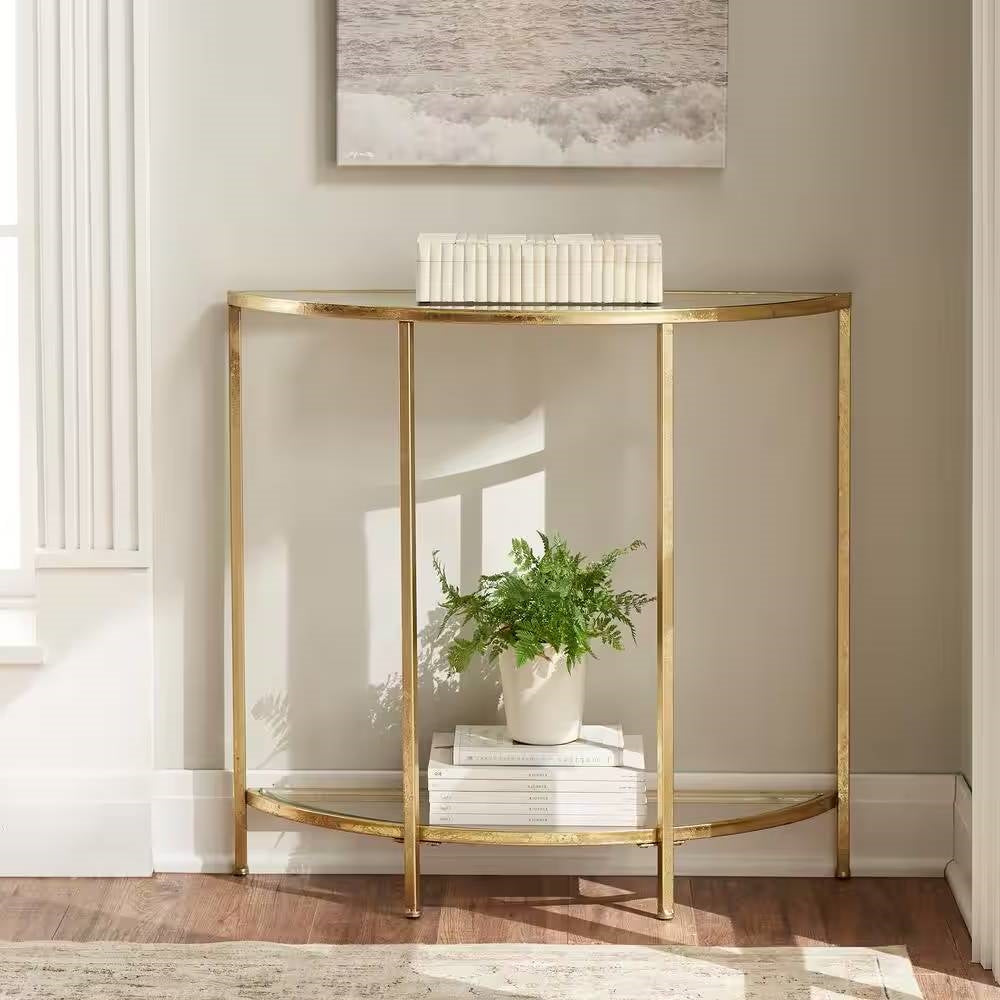 Half-Circle Entryway Console Table, Gold Metal Glass, Sofa Table
