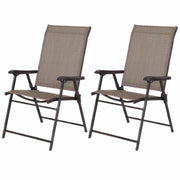 Set of 2, Outdoor Folding Patio Chairs in Brown with Black Metal Frame