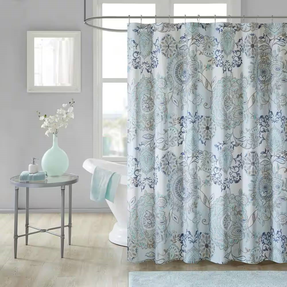 Cotton Shower Curtain with Blue Watercolor Paisley Floral Motif