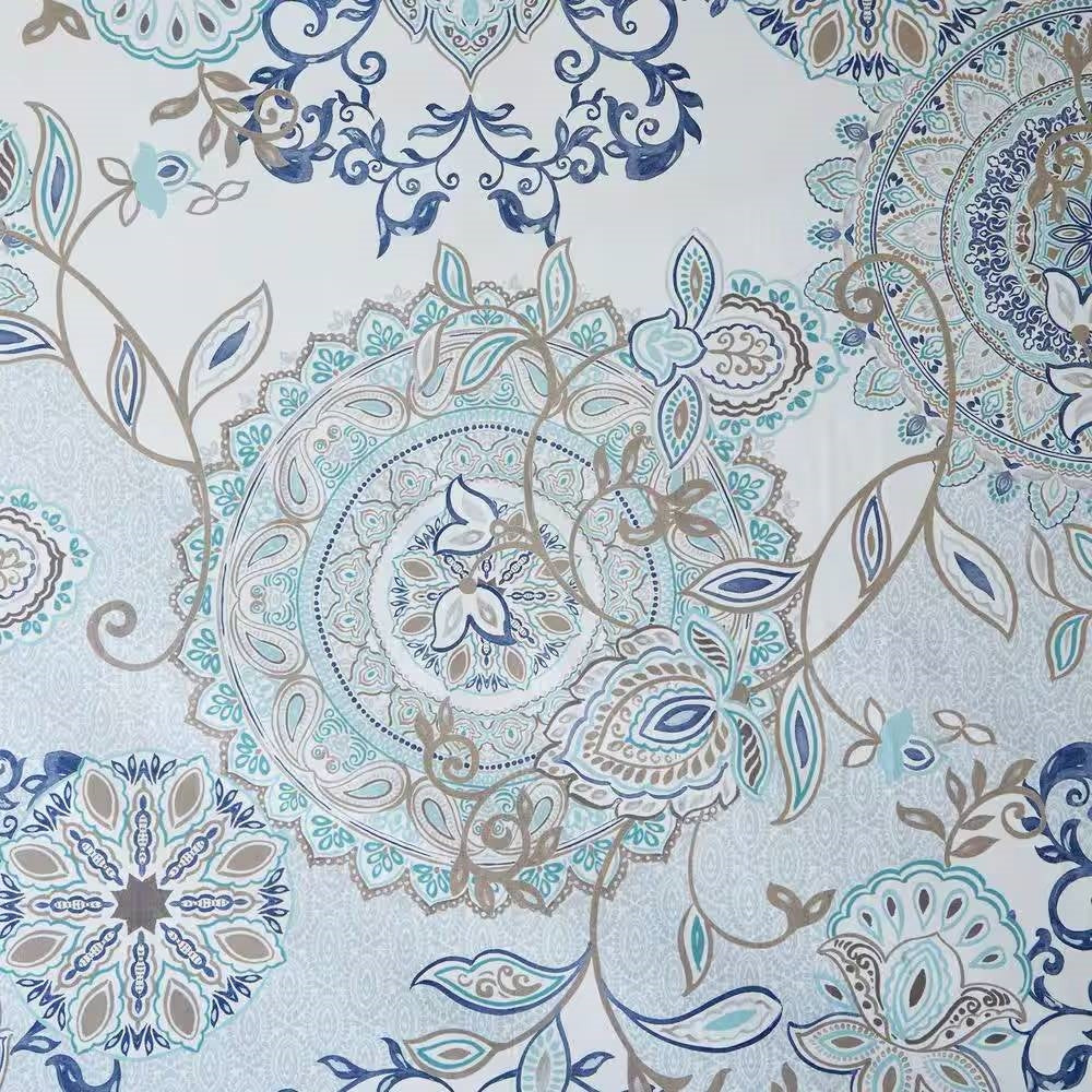 Cotton Shower Curtain with Blue Watercolor Paisley Floral Motif
