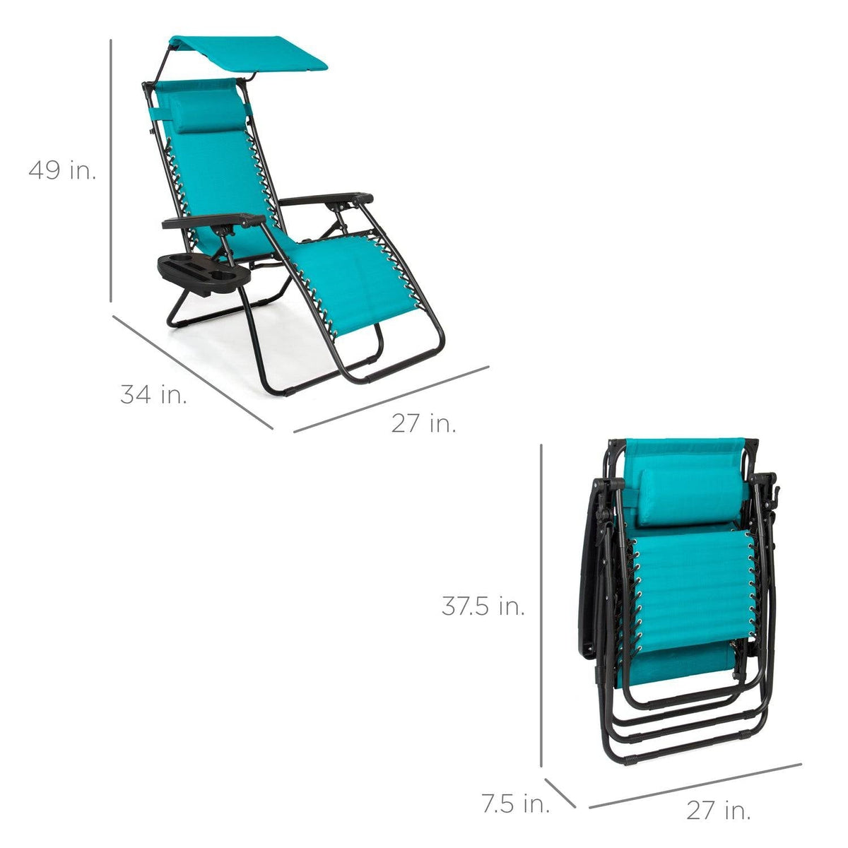 Teal Blue, Zero Gravity, Folding Patio Lounge Chair with Canopy