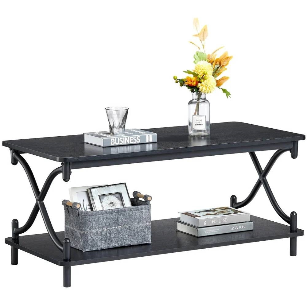 Industrial Black Coffee Table with Storage Shelf