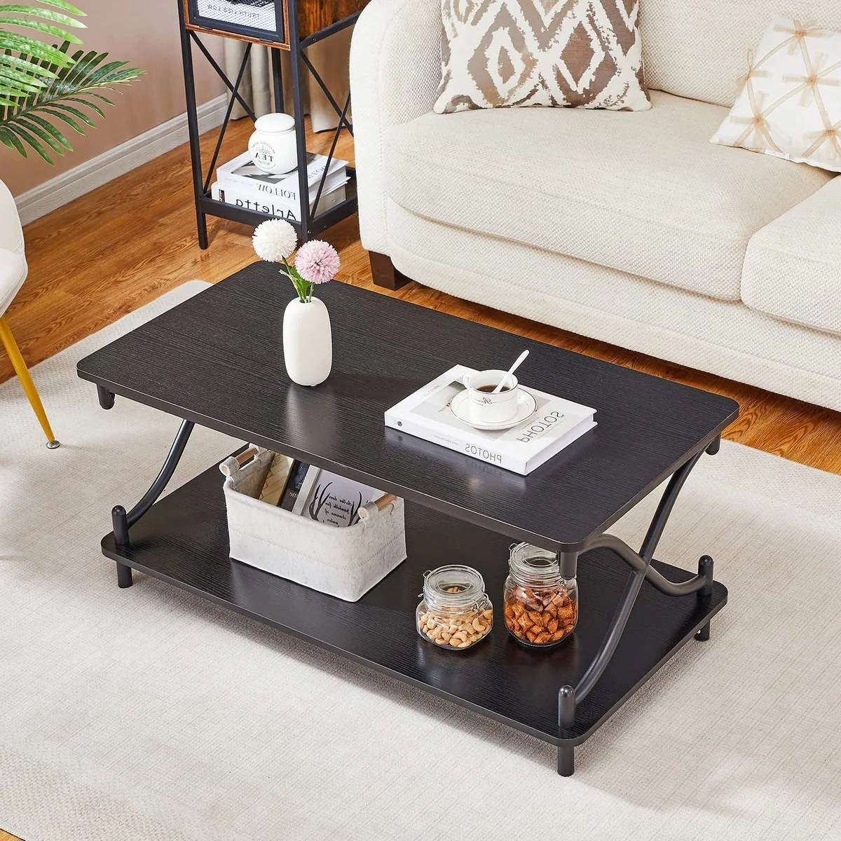 Industrial Black Coffee Table with Storage Shelf