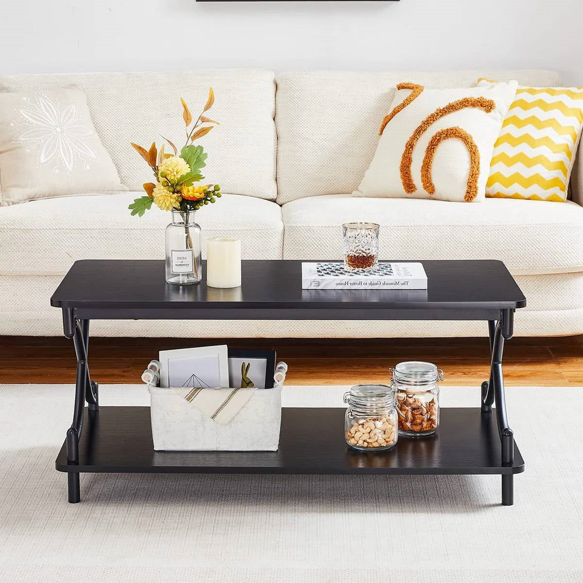 Industrial Black Coffee Table with Storage Shelf