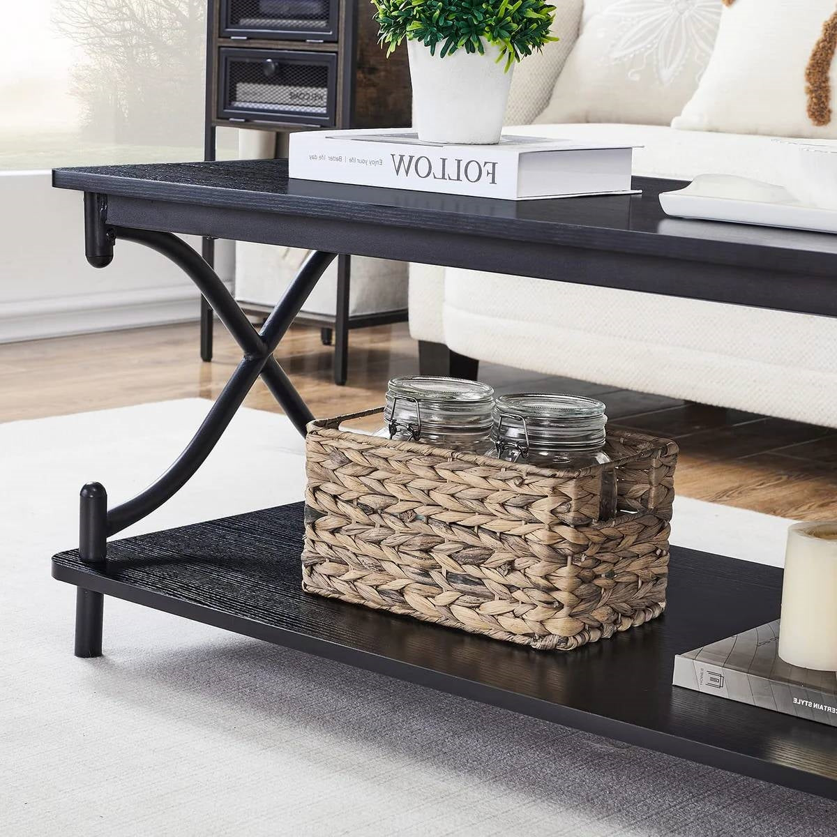 Industrial Black Coffee Table with Storage Shelf