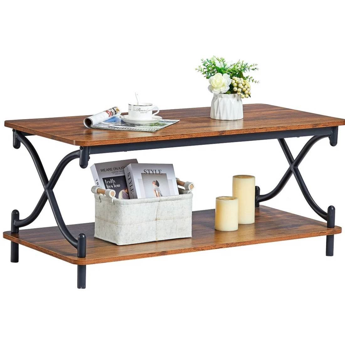 Modern Industrial Black Metal, Brown Wood, Coffee Table