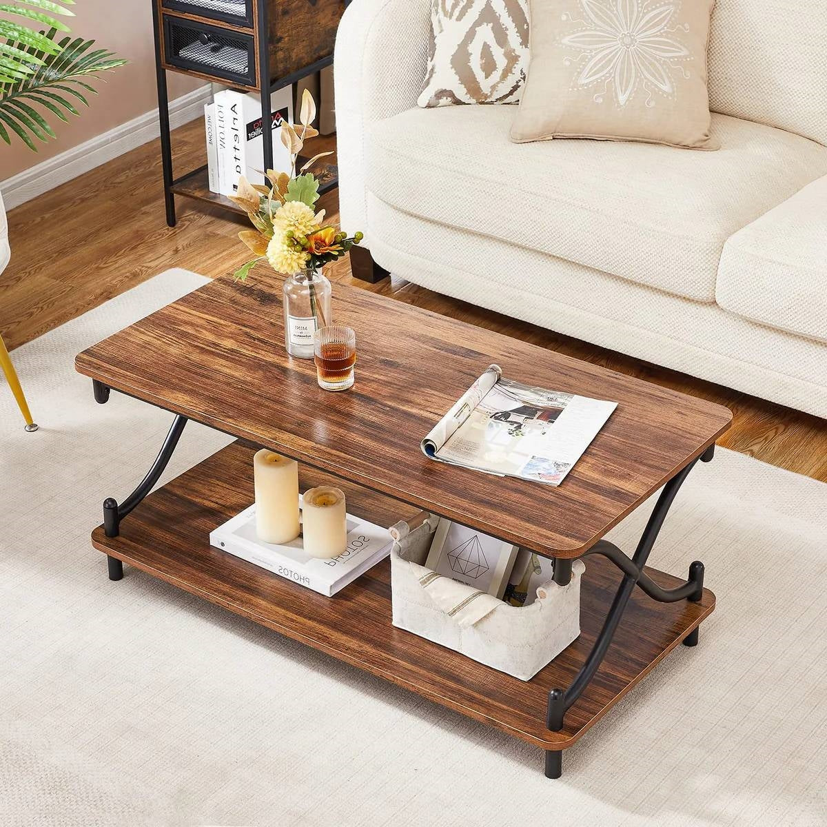 Modern Industrial Black Metal, Brown Wood, Coffee Table