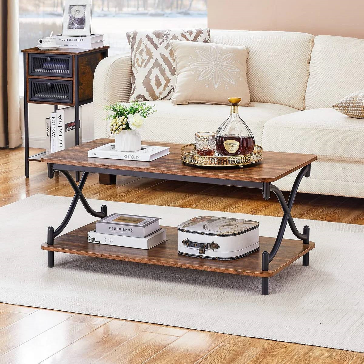 Modern Industrial Black Metal, Brown Wood, Coffee Table