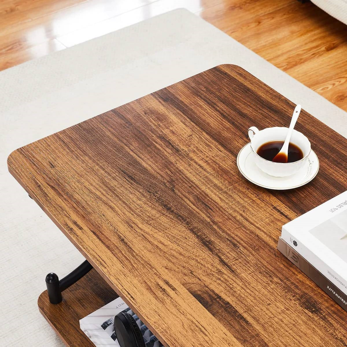 Modern Industrial Black Metal, Brown Wood, Coffee Table