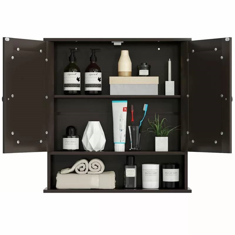 Brown Wooden Bathroom Wall/Medicine Cabinet with Mirrored Doors and Shelf