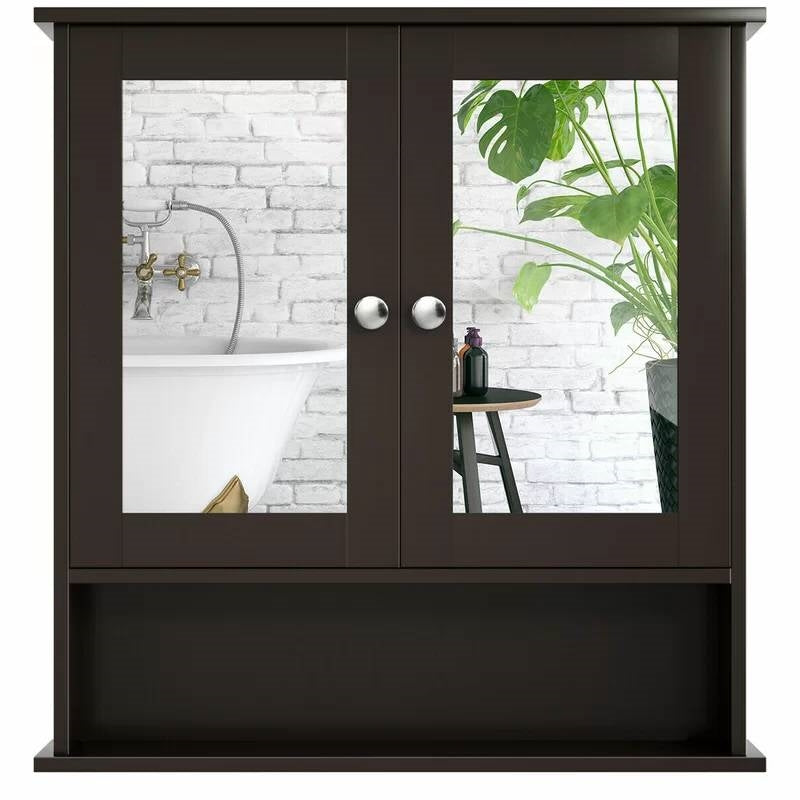 Brown Wooden Bathroom Wall/Medicine Cabinet with Mirrored Doors and Shelf