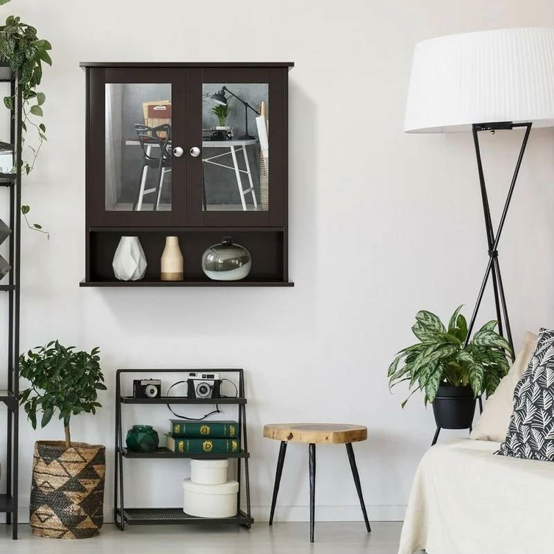 Brown Wooden Bathroom Wall/Medicine Cabinet with Mirrored Doors and Shelf