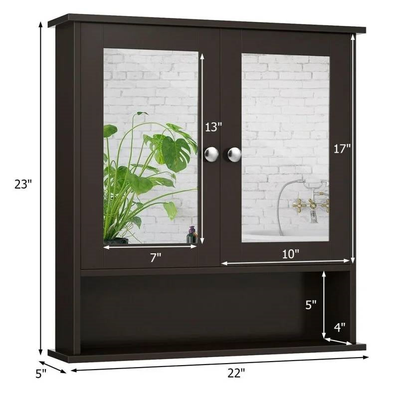 Brown Wooden Bathroom Wall/Medicine Cabinet with Mirrored Doors and Shelf
