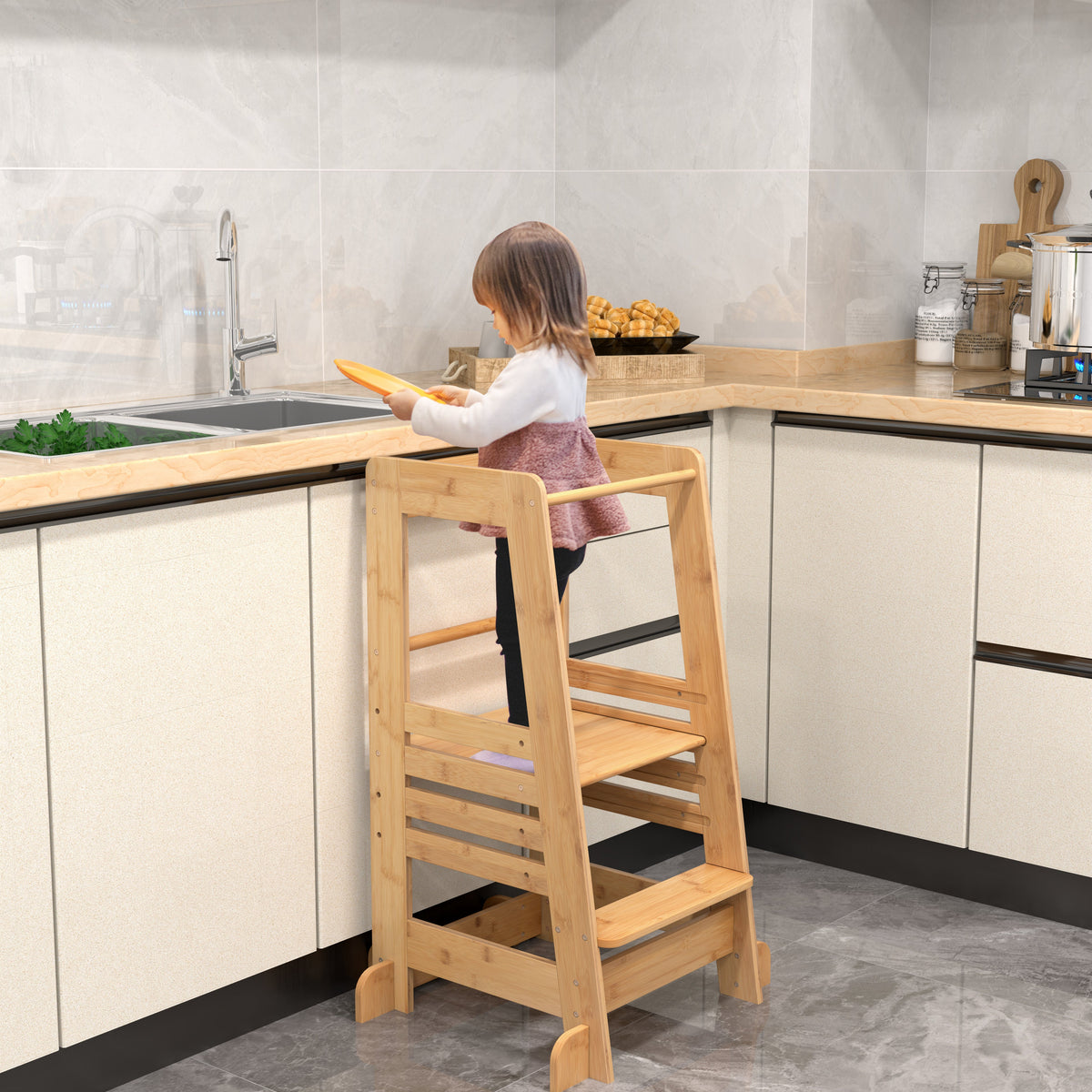 Bamboo Kids Kitchen Step Stool with Adjustable Height & Safety Rails-Natural